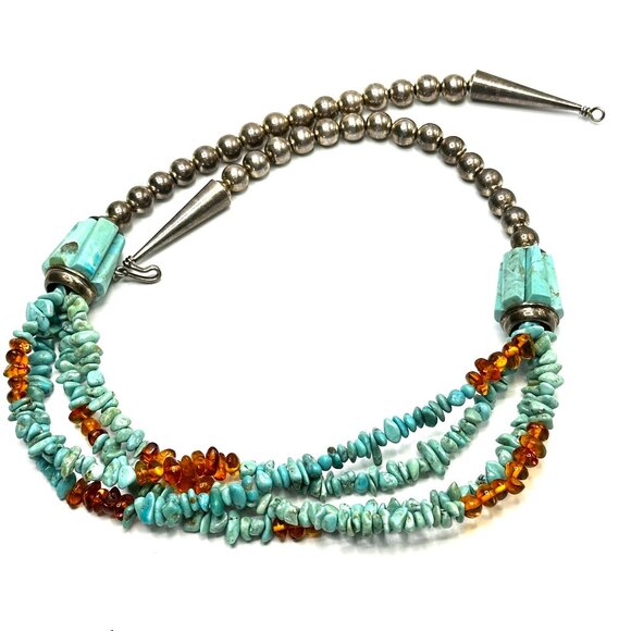 Vintage Navajo Four-Strand Turquoise and Amber Necklace w/Fluted Barrel Beads - Picture 14 of 14